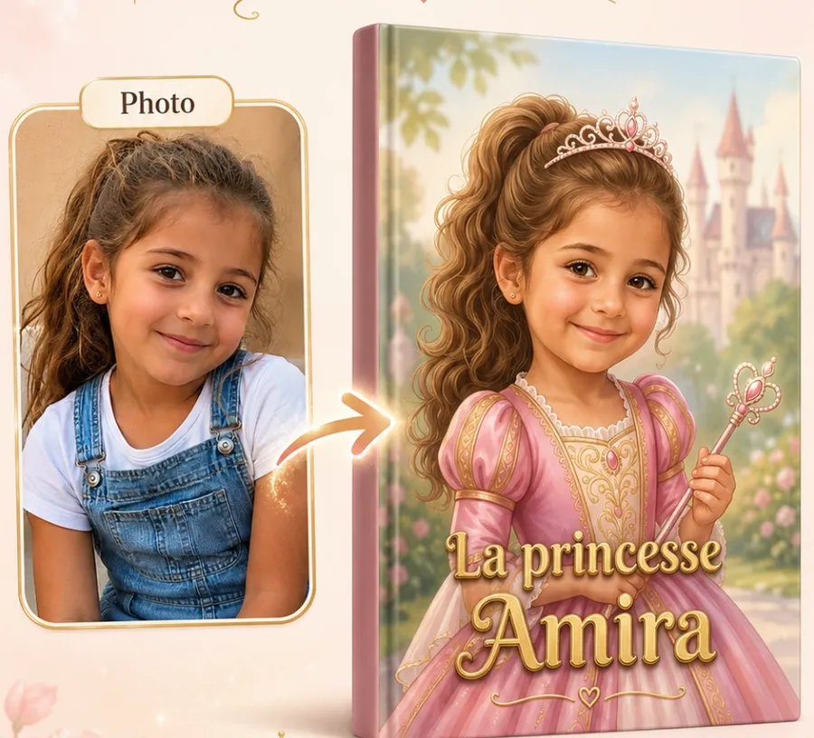 La photo d'une petite fille transformée en couverture de livre illustrée : « La princesse Amira »