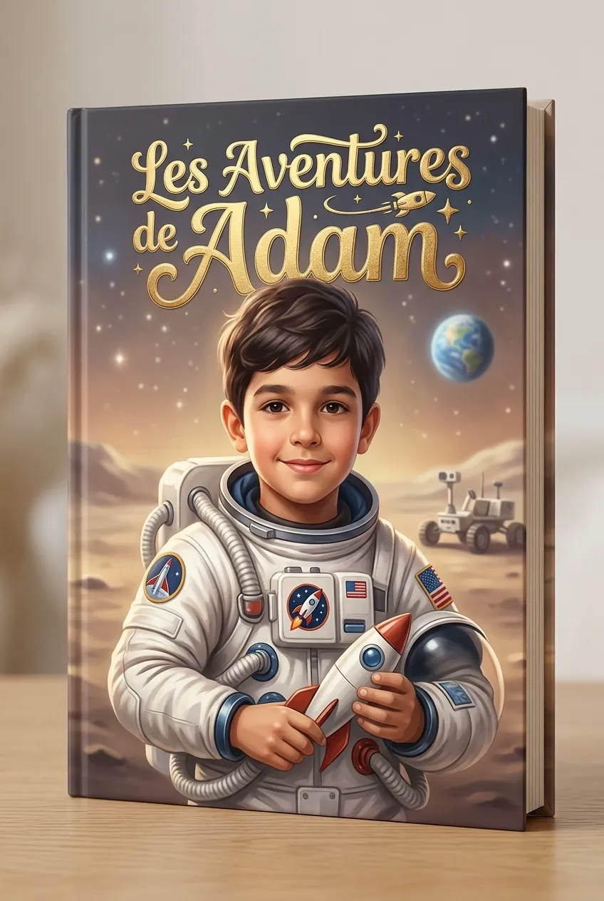 Livre pour enfant à couverture rigide « Les Aventures de Adam », thème astronaute